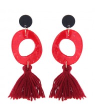 Irregular Oval Shape Pendant with Cotton Threads Tassel Design Fashion Costume Earrings - Red