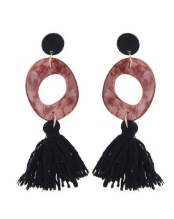 Irregular Oval Shape Pendant with Cotton Threads Tassel Design Fashion Costume Earrings - Dark Brown