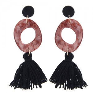 Irregular Oval Shape Pendant with Cotton Threads Tassel Design Fashion Costume Earrings - Dark Brown