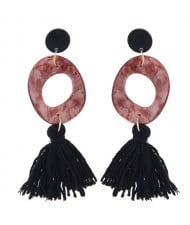 Irregular Oval Shape Pendant with Cotton Threads Tassel Design Fashion Costume Earrings - Dark Brown