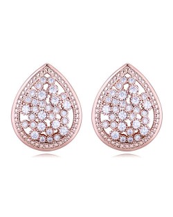 Luxurious Cubic Zirconia Embellished Hollow Wasterdrop Design Stud Earrings - Rose Gold