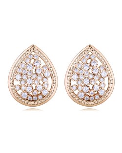 Luxurious Cubic Zirconia Embellished Hollow Wasterdrop Design Stud Earrings - Golden