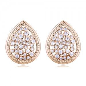 Luxurious Cubic Zirconia Embellished Hollow Wasterdrop Design Stud Earrings - Golden