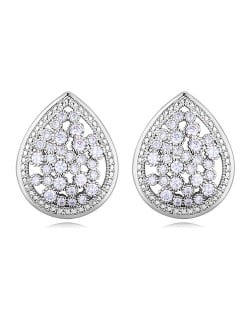 Luxurious Cubic Zirconia Embellished Hollow Wasterdrop Design Stud Earrings - Platinum