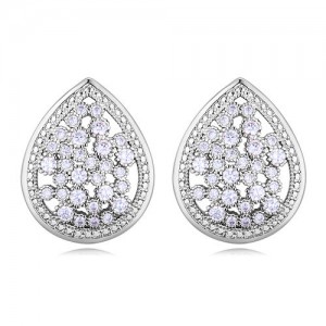 Luxurious Cubic Zirconia Embellished Hollow Wasterdrop Design Stud Earrings - Platinum