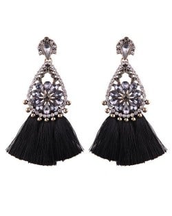 Rhinestone Flower Inlaid Waterdrop Design Cotton Threads Tassel Fashion Stud Earrings - Black