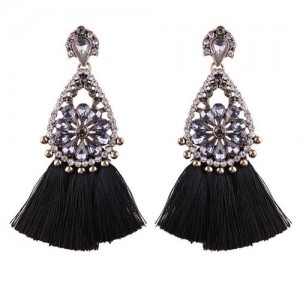 Rhinestone Flower Inlaid Waterdrop Design Cotton Threads Tassel Fashion Stud Earrings - Black