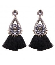 Rhinestone Flower Inlaid Waterdrop Design Cotton Threads Tassel Fashion Stud Earrings - Black