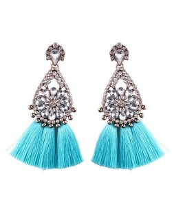 Rhinestone Flower Inlaid Waterdrop Design Cotton Threads Tassel Fashion Stud Earrings - Sky Blue