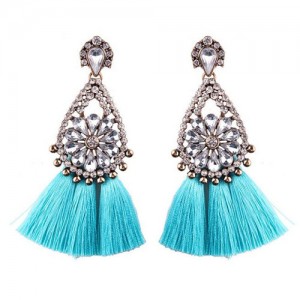 Rhinestone Flower Inlaid Waterdrop Design Cotton Threads Tassel Fashion Stud Earrings - Sky Blue