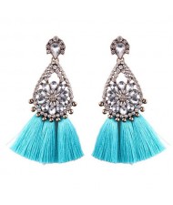 Rhinestone Flower Inlaid Waterdrop Design Cotton Threads Tassel Fashion Stud Earrings - Sky Blue