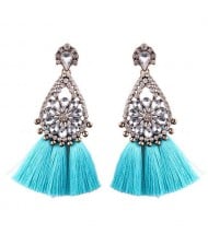 Rhinestone Flower Inlaid Waterdrop Design Cotton Threads Tassel Fashion Stud Earrings - Sky Blue