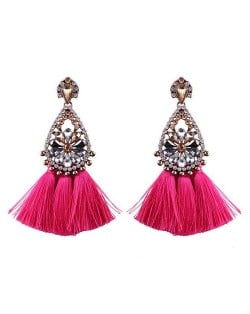 Rhinestone Flower Inlaid Waterdrop Design Cotton Threads Tassel Fashion Stud Earrings - Rose