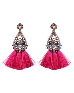 Rhinestone Flower Inlaid Waterdrop Design Cotton Threads Tassel Fashion Stud Earrings - Rose