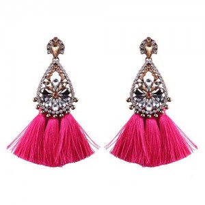 Rhinestone Flower Inlaid Waterdrop Design Cotton Threads Tassel Fashion Stud Earrings - Rose