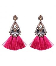 Rhinestone Flower Inlaid Waterdrop Design Cotton Threads Tassel Fashion Stud Earrings - Rose