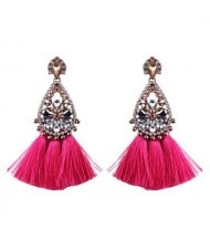 Rhinestone Flower Inlaid Waterdrop Design Cotton Threads Tassel Fashion Stud Earrings - Rose