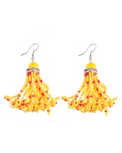 Gem Pendant Mini Beads Tassels Design Fashion Earrings - Yellow