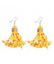 Gem Pendant Mini Beads Tassels Design Fashion Earrings - Yellow