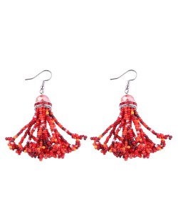 Gem Pendant Mini Beads Tassels Design Fashion Earrings - Red