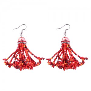 Gem Pendant Mini Beads Tassels Design Fashion Earrings - Red