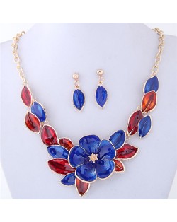 Oil Spot Glazed Wealthy Flower and Leaves Design Costume Necklace and Earrings Set - Blue and Red