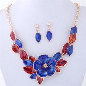 Oil Spot Glazed Wealthy Flower and Leaves Design Costume Necklace and Earrings Set - Blue and Red