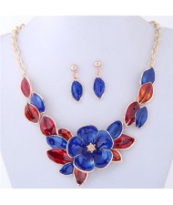 Oil Spot Glazed Wealthy Flower and Leaves Design Costume Necklace and Earrings Set - Blue and Red