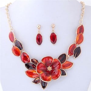 Oil Spot Glazed Wealthy Flower and Leaves Design Costume Necklace and Earrings Set - Red