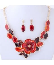 Oil Spot Glazed Wealthy Flower and Leaves Design Costume Necklace and Earrings Set - Red