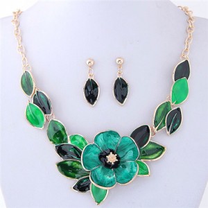 Oil Spot Glazed Wealthy Flower and Leaves Design Costume Necklace and Earrings Set - Green