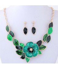 Oil Spot Glazed Wealthy Flower and Leaves Design Costume Necklace and Earrings Set - Green