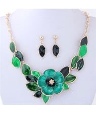 Oil Spot Glazed Wealthy Flower and Leaves Design Costume Necklace and Earrings Set - Green