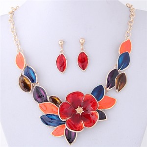 Oil Spot Glazed Wealthy Flower and Leaves Design Costume Necklace and Earrings Set - Multicolor