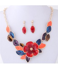 Oil Spot Glazed Wealthy Flower and Leaves Design Costume Necklace and Earrings Set - Multicolor