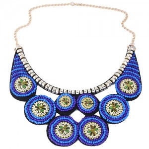 Colorful Painting Flowers Mini Beads Collar Style Chunky Fashion Necklace - Blue