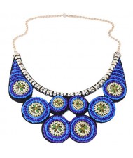Colorful Painting Flowers Mini Beads Collar Style Chunky Fashion Necklace - Blue