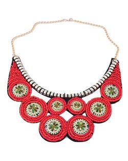 Colorful Painting Flowers Mini Beads Collar Style Chunky Fashion Necklace - Pink