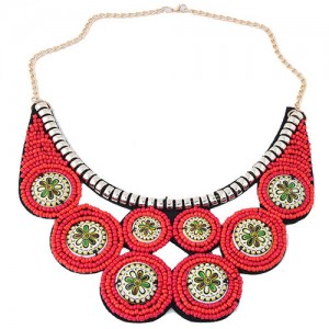 Colorful Painting Flowers Mini Beads Collar Style Chunky Fashion Necklace - Pink