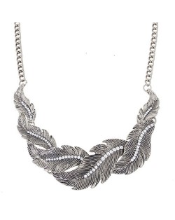 Rhinestone Inlaid Alloy Feather Pendant Costume Necklace - Silver