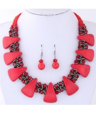 Turquiose and Crystal Combo Design Chunky Fashion Statement Necklace and Earrings Set - Red