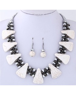 Turquiose and Crystal Combo Design Chunky Fashion Statement Necklace and Earrings Set - White