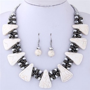 Turquiose and Crystal Combo Design Chunky Fashion Statement Necklace and Earrings Set - White