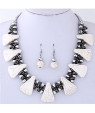 Turquiose and Crystal Combo Design Chunky Fashion Statement Necklace and Earrings Set - White