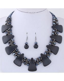 Turquiose and Crystal Combo Design Chunky Fashion Statement Necklace and Earrings Set - Black