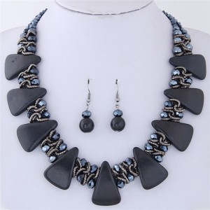 Turquiose and Crystal Combo Design Chunky Fashion Statement Necklace and Earrings Set - Black