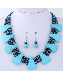 Turquiose and Crystal Combo Design Chunky Fashion Statement Necklace and Earrings Set - Blue