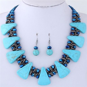 Turquiose and Crystal Combo Design Chunky Fashion Statement Necklace and Earrings Set - Blue