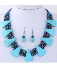Turquiose and Crystal Combo Design Chunky Fashion Statement Necklace and Earrings Set - Blue