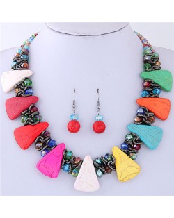 Turquiose and Crystal Combo Design Chunky Fashion Statement Necklace and Earrings Set - Multicolor